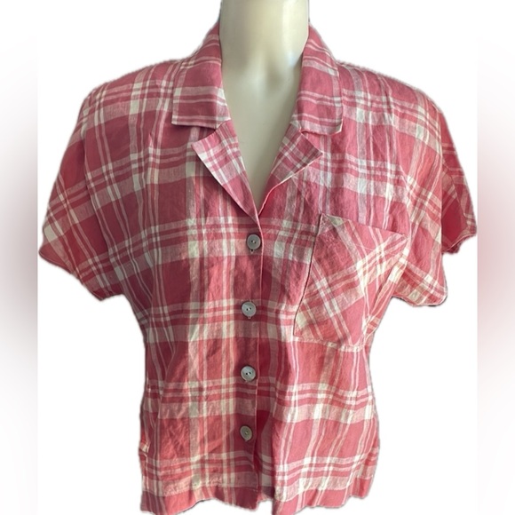 Wilfred Free from Aritzia Pink & white Plaid Camp Shirt. - Picture 2 of 6